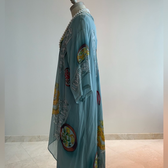 Sheer Silk Chiffon Blue Dragon Print Kimono Duster XLG NWT - Picture 6 of 7